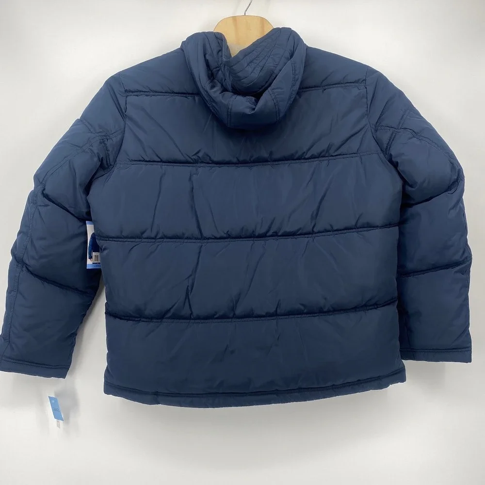 London Fog Hooded Puffer Jacket Mens Large Navy Blue Full Zip Quilted Coat NEW